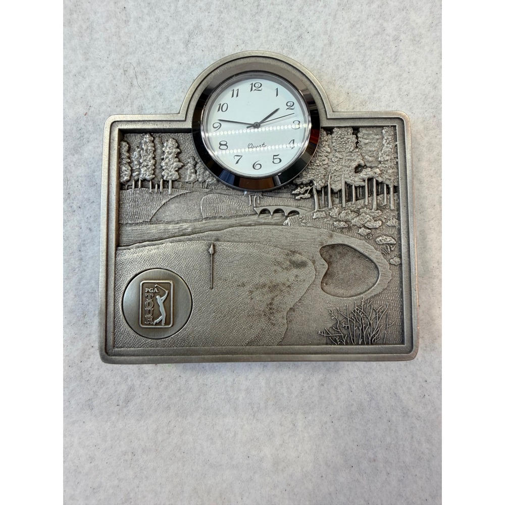 PGA Tour Metal Desk Clock Golf Course Scene Pewter Tone Quartz Analog Timepiece